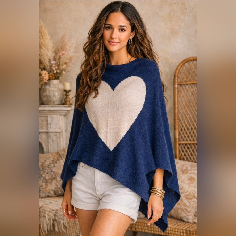 SAACHI Lightweight Hearts Of Cashmere & Merino Wool Cape Navy*Soldout* NIP$244